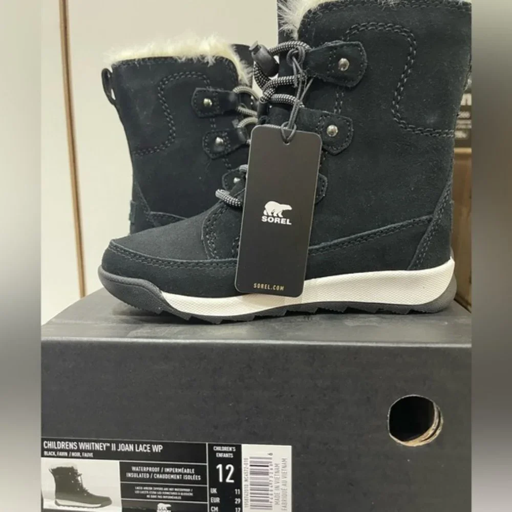 BNWT Sorel Toddler Whitney II Joan winter Lace up Boot size 12 Black - Picture 1 of 9